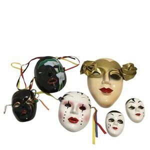 Mardi Gras Bisque Porcelain Ceramic 1980's Wall Masks - Vintage Lot of 6